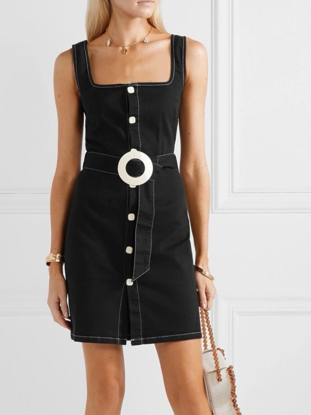 Solid & Striped Button Up Belt Dress in Black Denim
